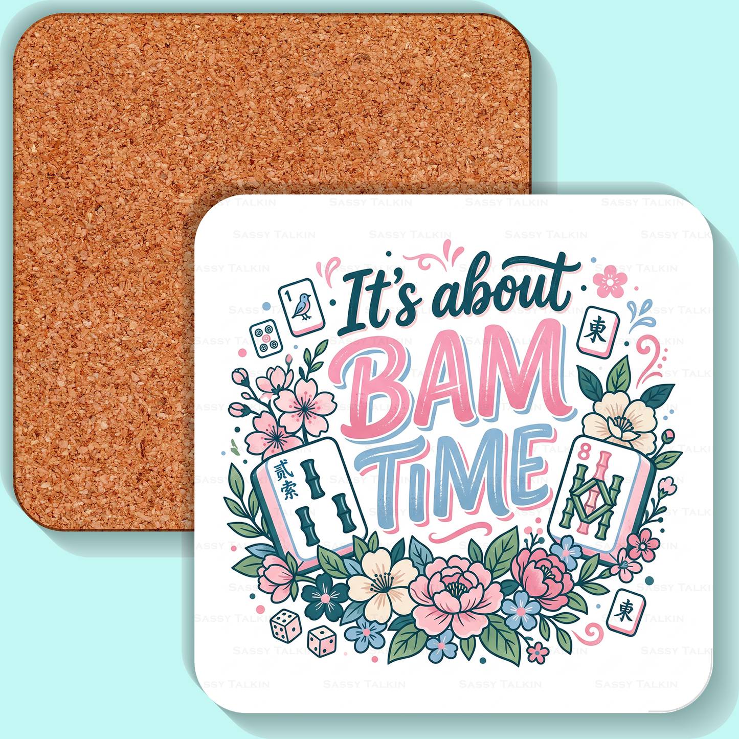 Mahjong Coaster, It's about Bam time pink blue