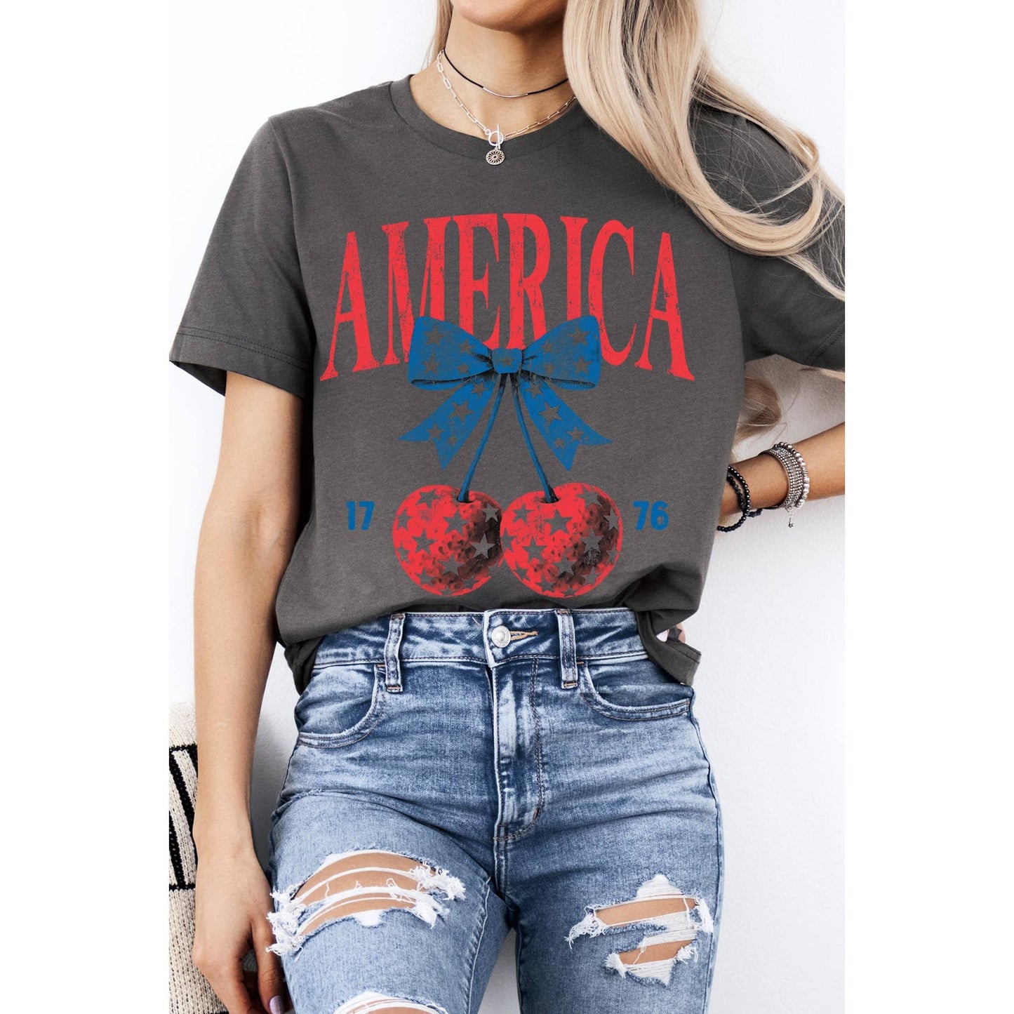America Cherry Bow Short Sleeve T Shirt