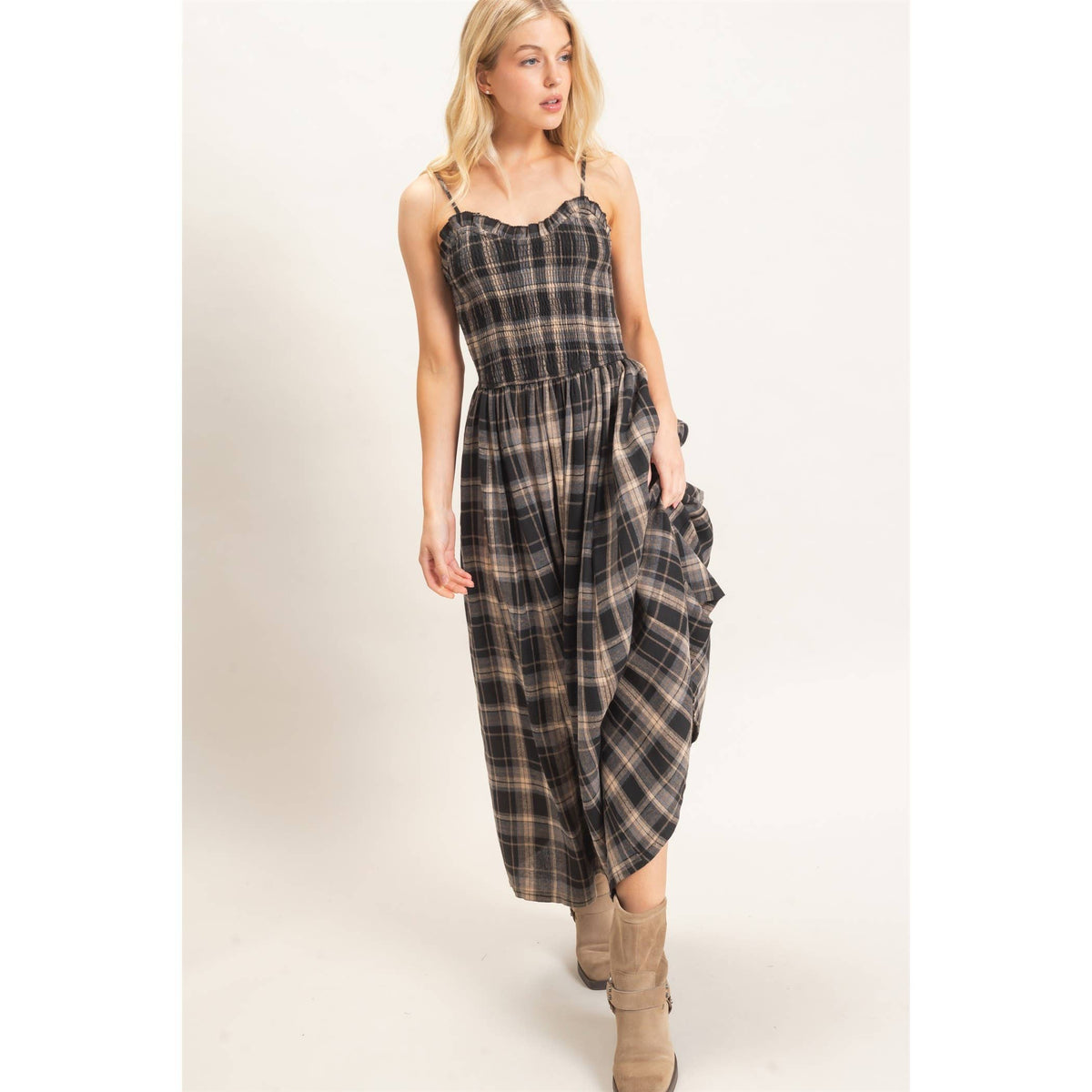 Plaid Smocked Maxi Dress