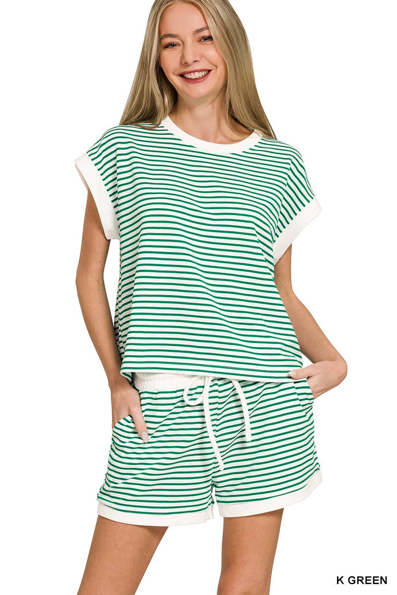....Stripe Contrast Trim Top & Shorts Set