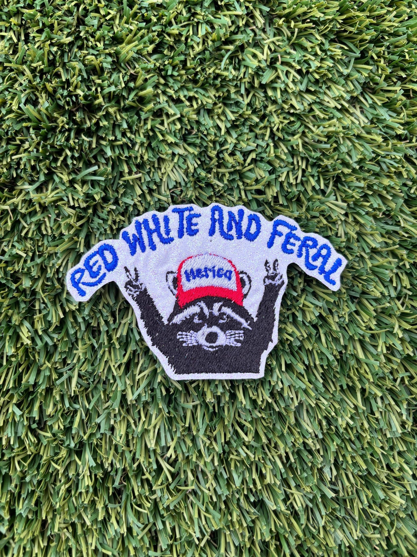Trendy Red White and Feral Raccoon Glitter Patch
