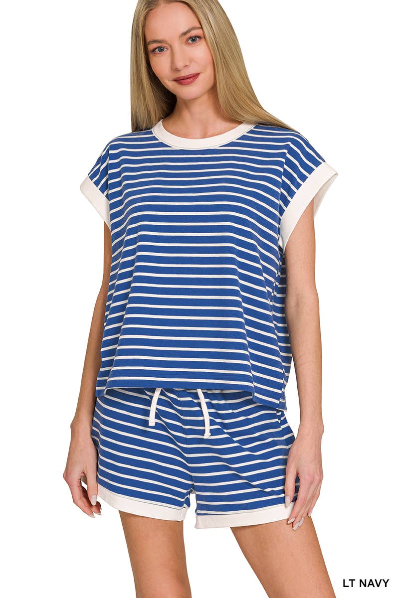 ...0223 Stripe Contrast Trim Top & Shorts Set SI-29132