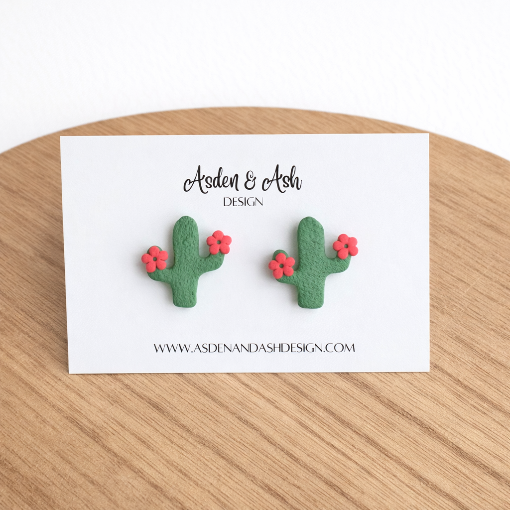 Green + Pink Cactus + Flower Studs