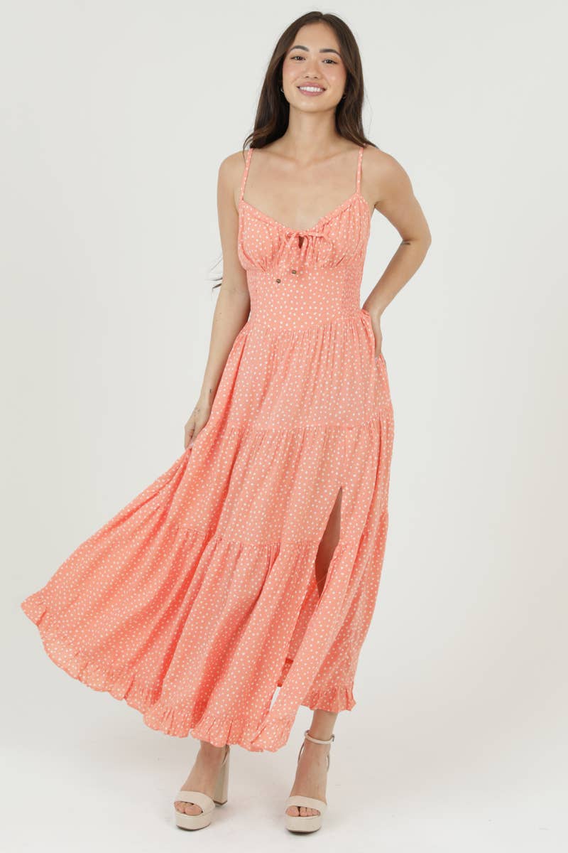 C4C84-FQ00 POLKA DOT SIDE SLIT MAXI DRESS