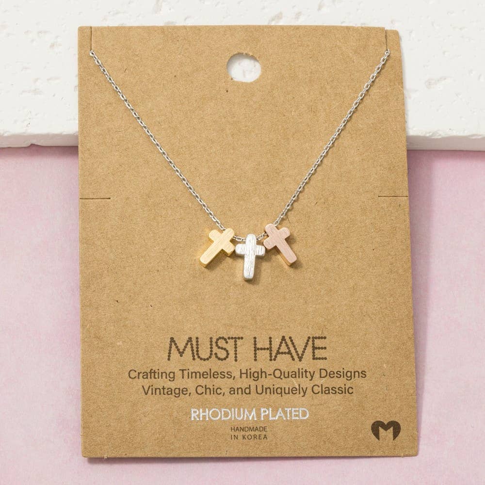 18K Gold Dipped 3 Cross Pendant Necklace