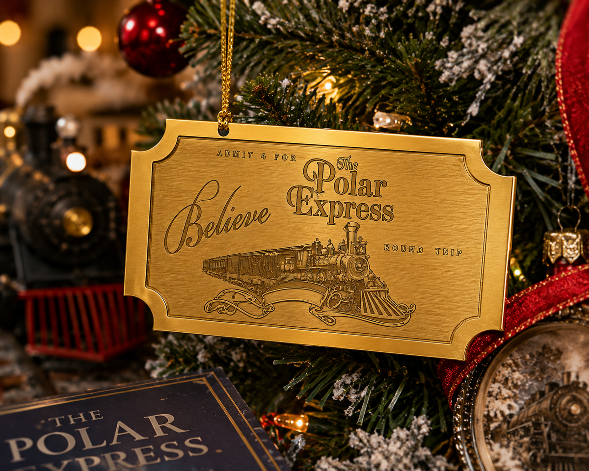 Believe Polar Express Ticket Ornament – Brushed Gold Metal Ornament