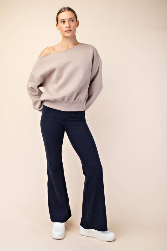 T689937 OFF SHOULDER FRENCH TERRY FLEECE TOP