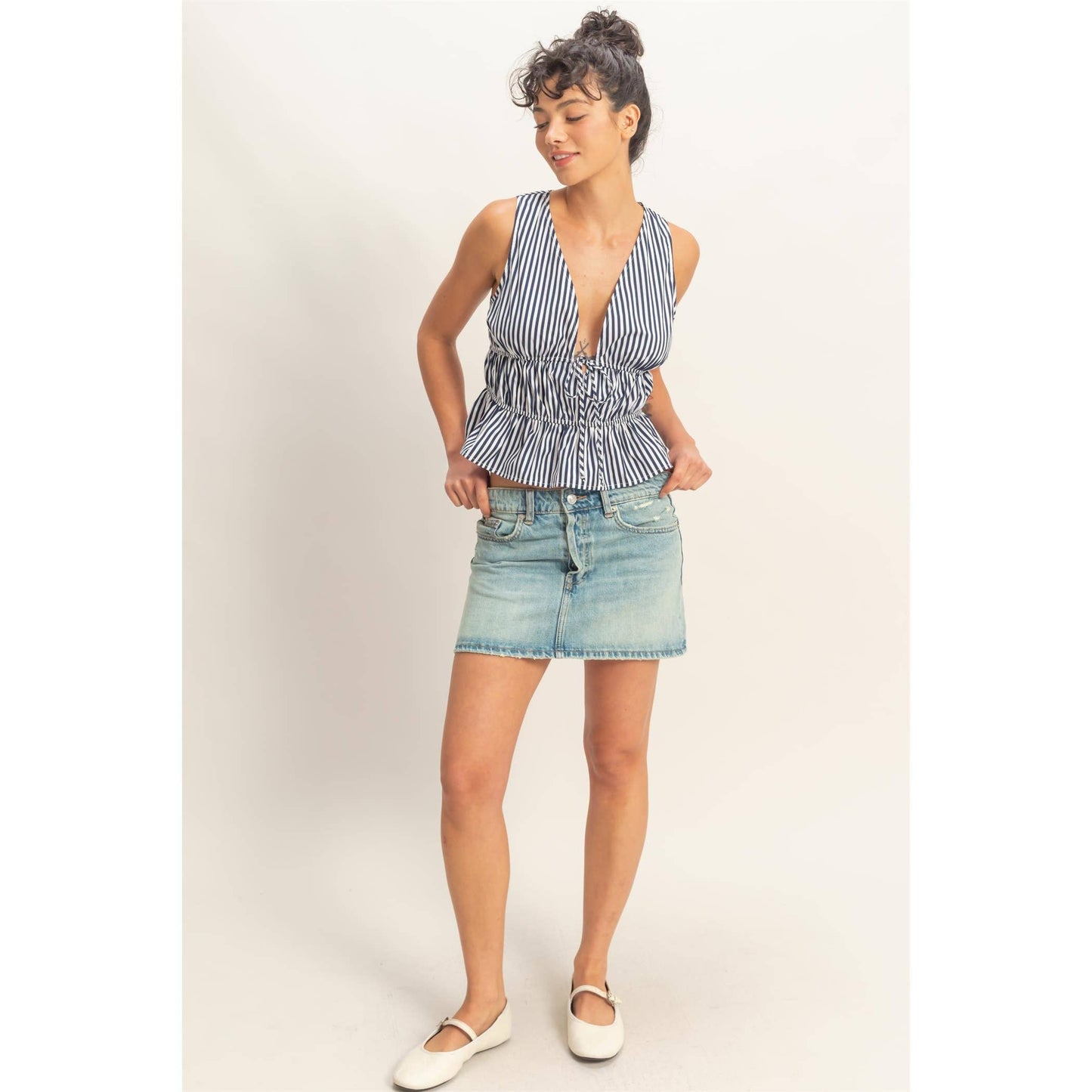 Striped Tie Front Peplum Sleeveless Top