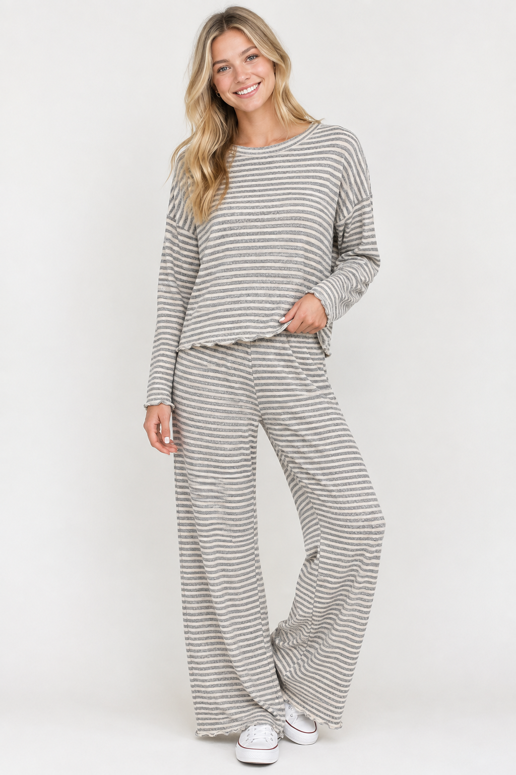 BRUSHED STRIPE LETTUCE HEM L/S BOXY TOP W/ PANTS FWMT3914SET