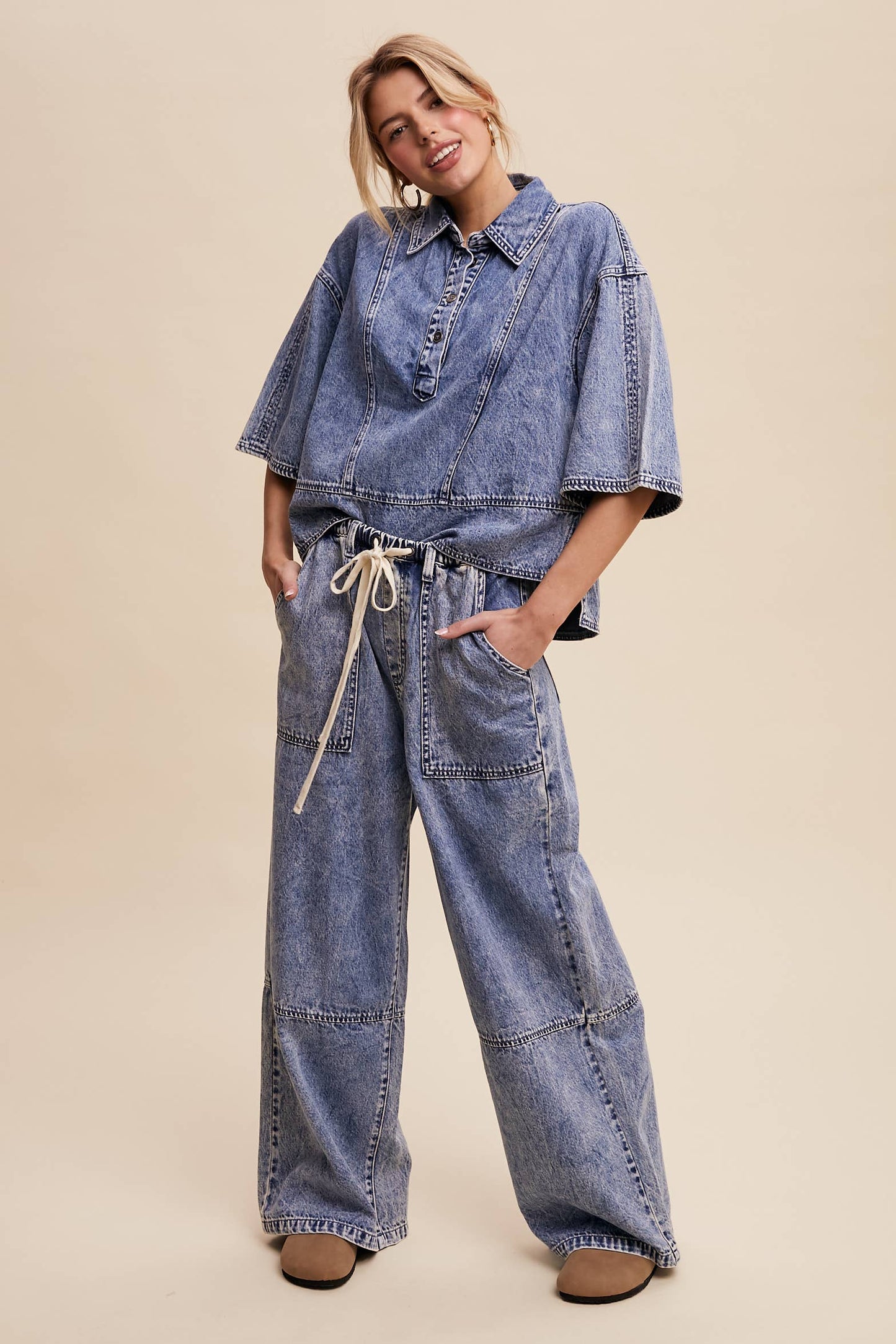 Wide-Leg Denim Drawstring Pants LP0256