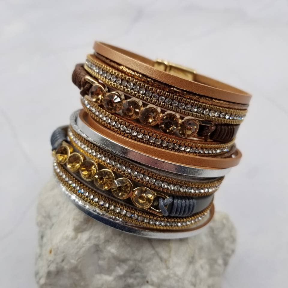 Sunset Rhinestone Layered Leather Magnetic Bracelet