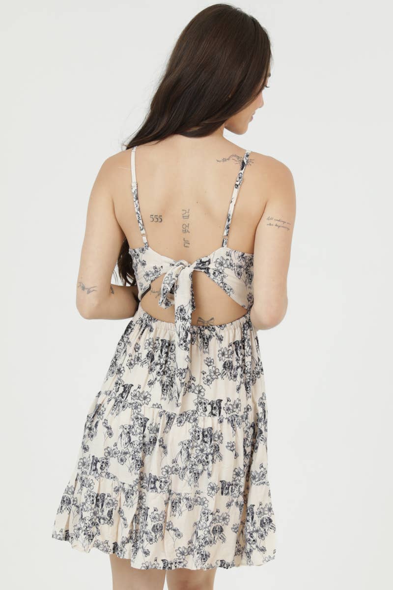C4H63-A986 DOG AND FLOWER PRINT LACE TRIM TIE BACK SUNDRESS