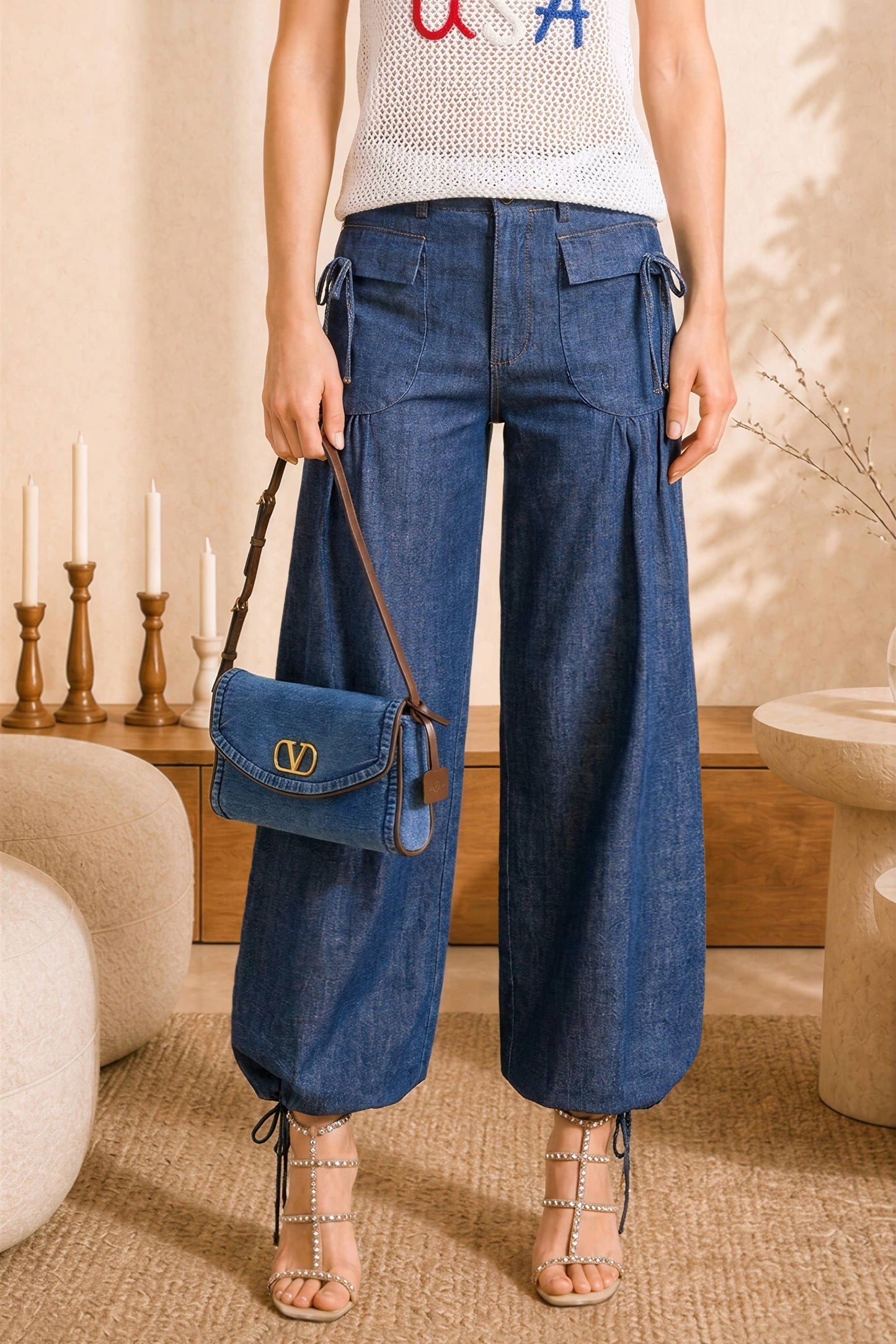 Dual-Style Wide-Leg and Cinched Jogger Denim Pants