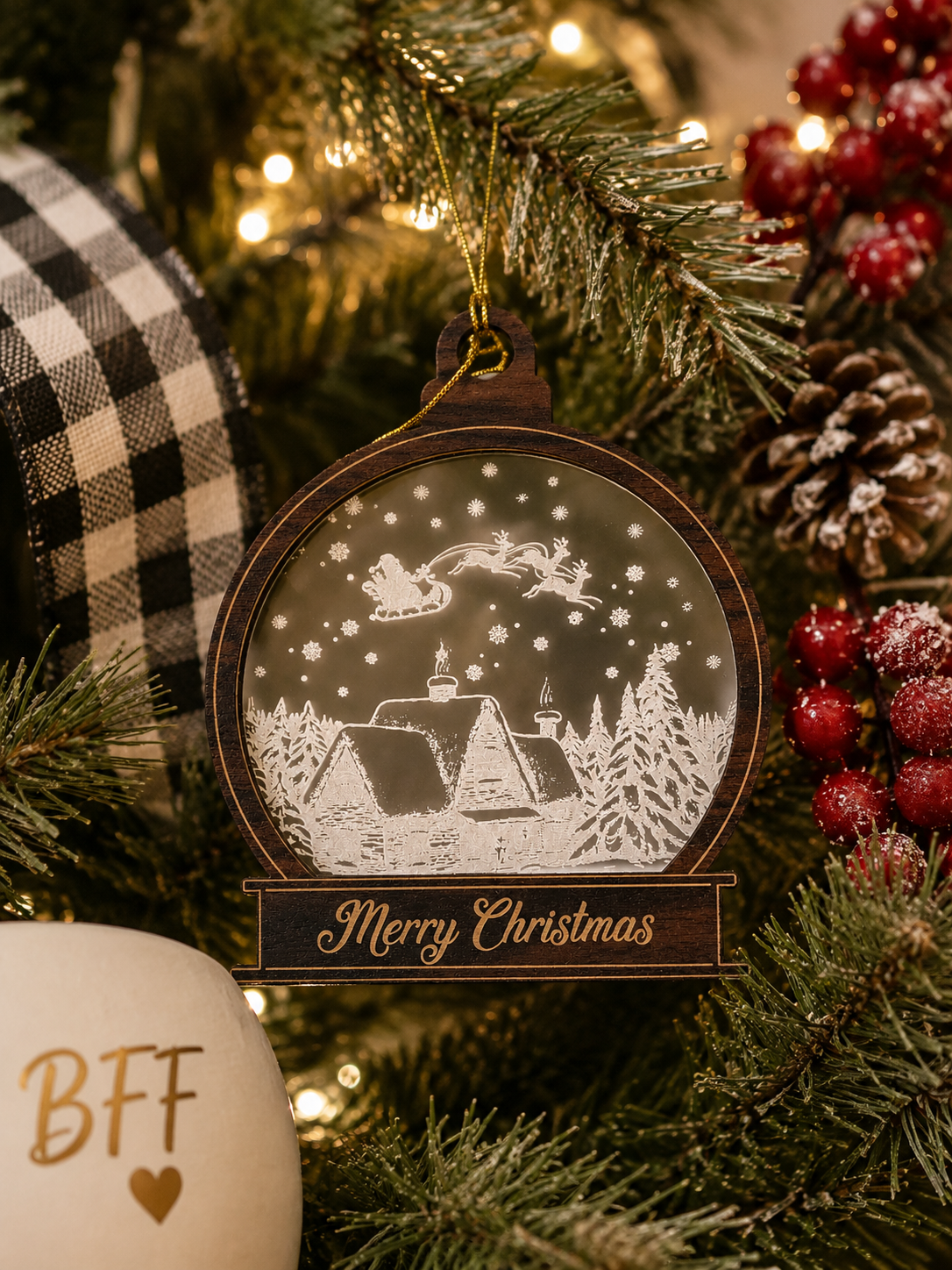 Snow Globe Santa Ornament – Layered Acrylic & Wood Christmas Ornament