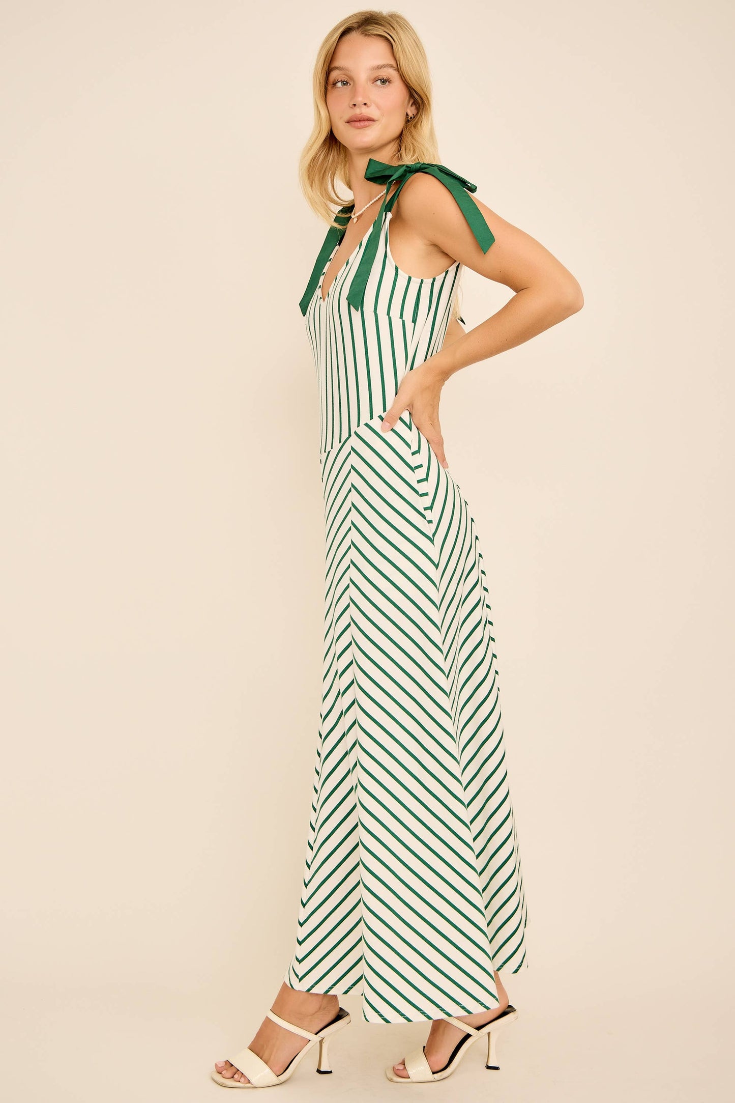 A-line long midi cotton knit dress with stripe