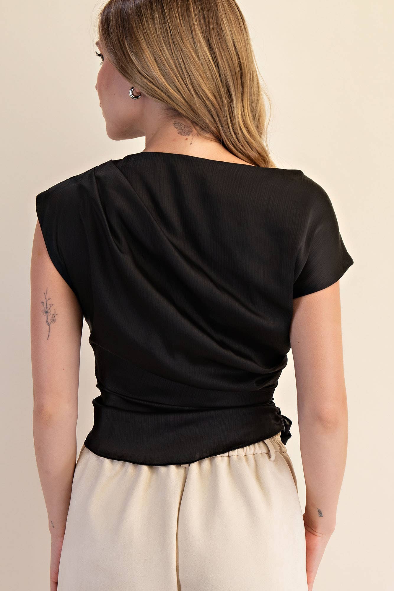 Boat Neck Waist Tie Blouse