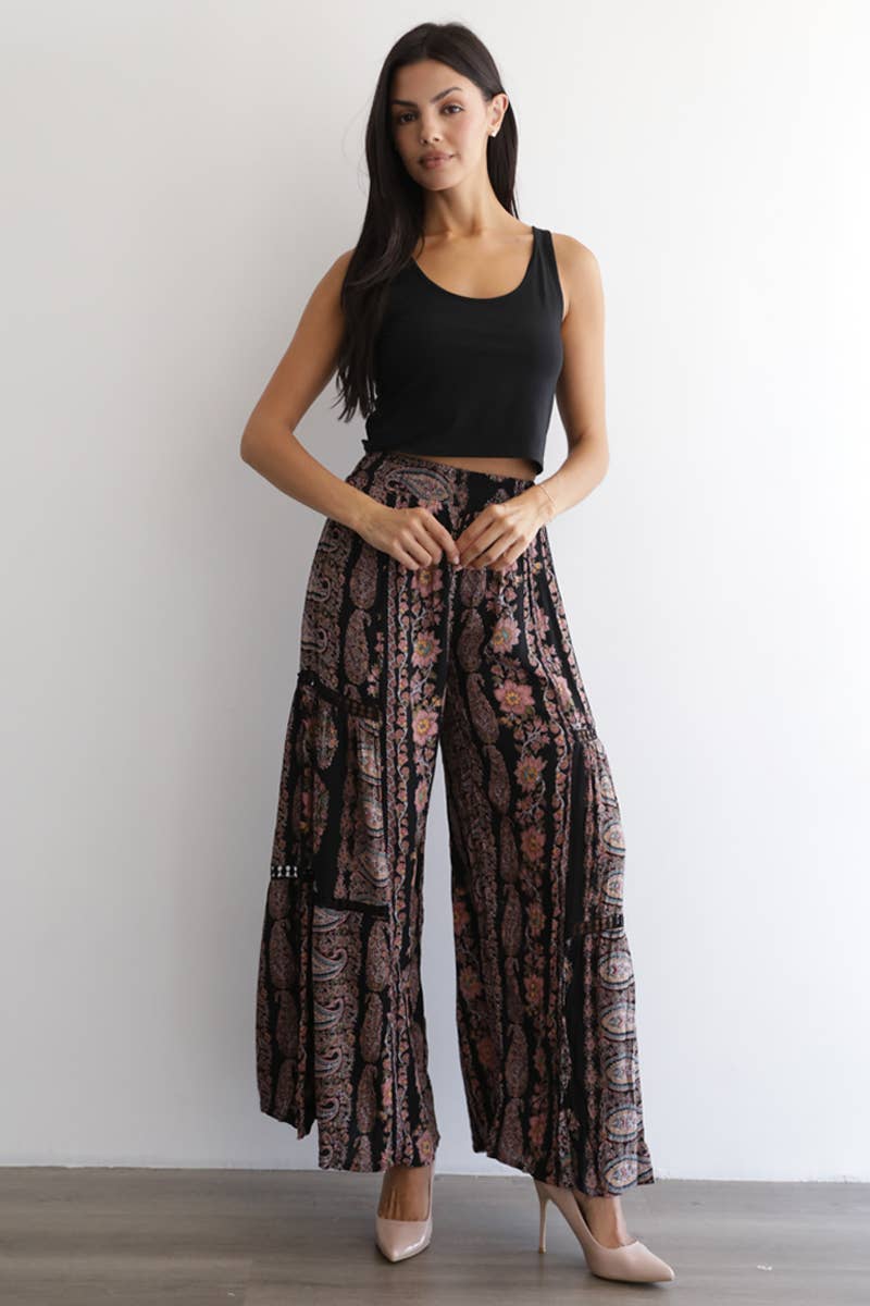 25R84-AA09 PRINTED FLARE PANTS WITH LACE INSERTS AND SMOCKED