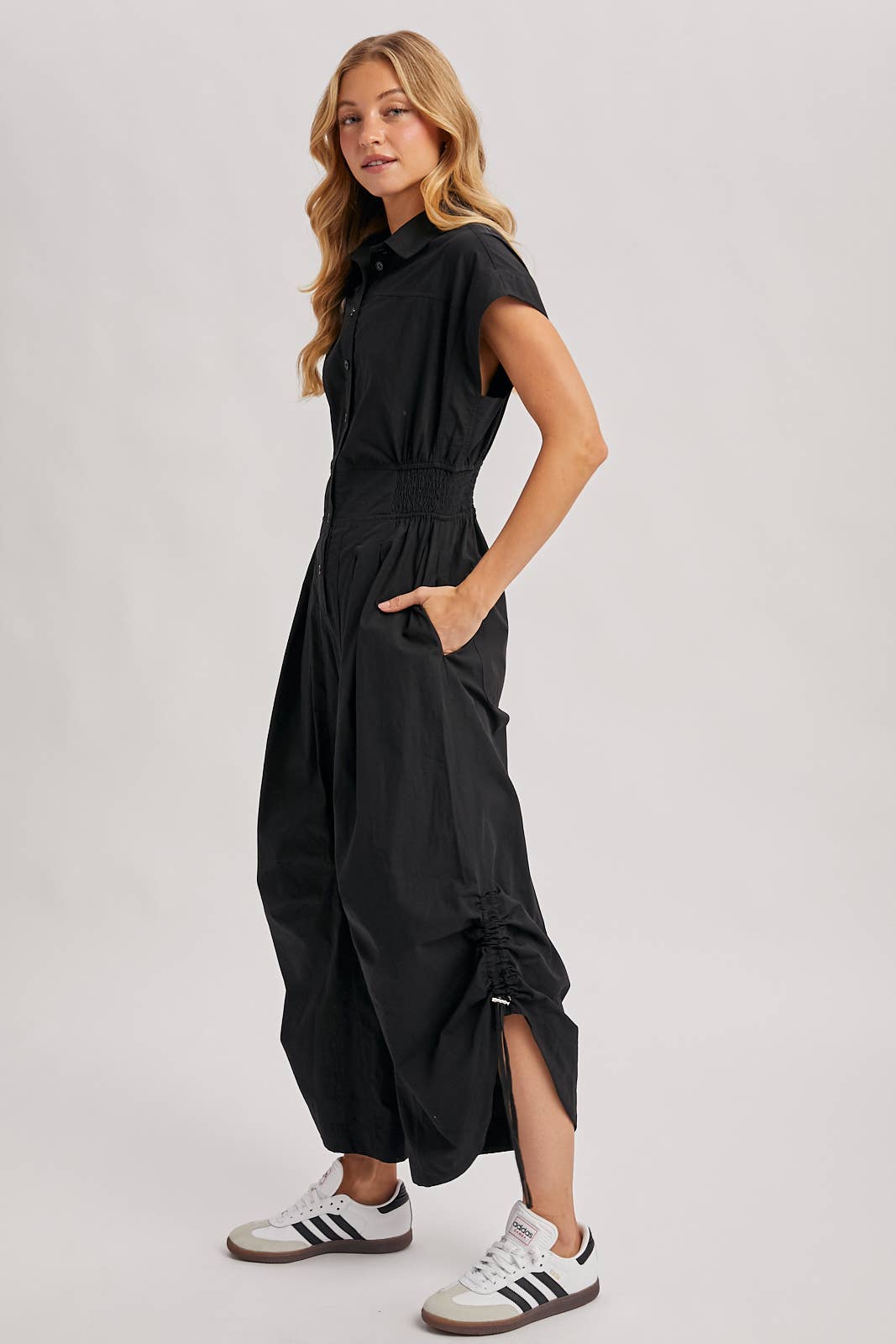 BUTTON DOWN UTILITY SHIRTING JUMPSUIT