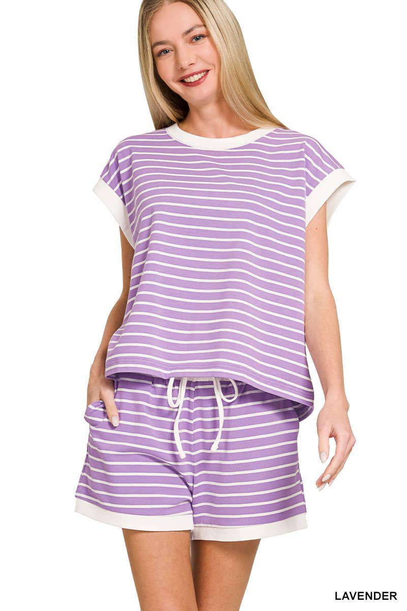 ...0223 Stripe Contrast Trim Top & Shorts Set SI-29132