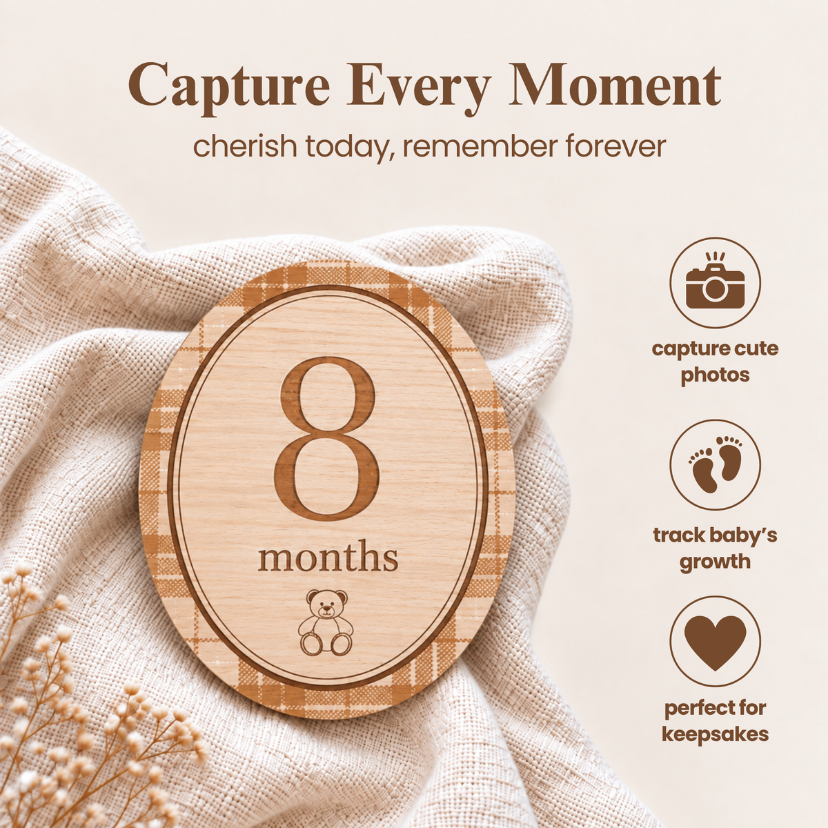 Wooden Monthly Milestone Photo Props Discs, Oval Bear