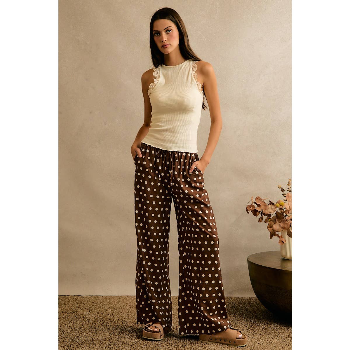POLKA DOT WAIST ELASTIC WIDE PANTS