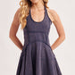 OPEN-BACK WASHED SCOOP HALTER-NECK MINI DRESS