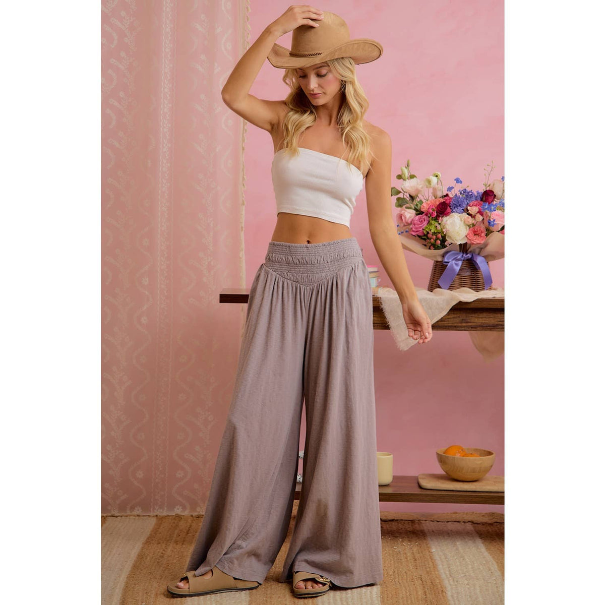 WOMEN SMOCKED WAIST WIDE LEG PULL ON PANTS