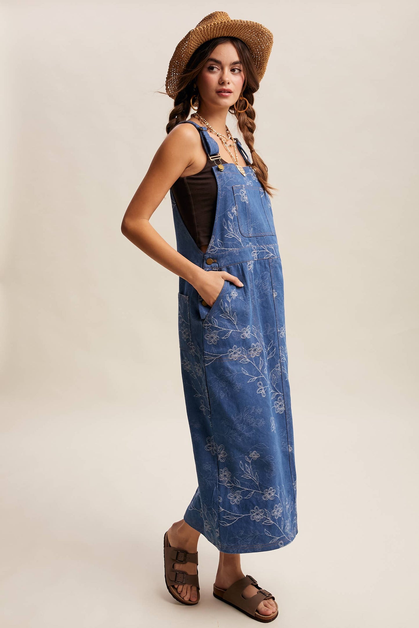Floral Embroidered Denim Overall Dress LD1615
