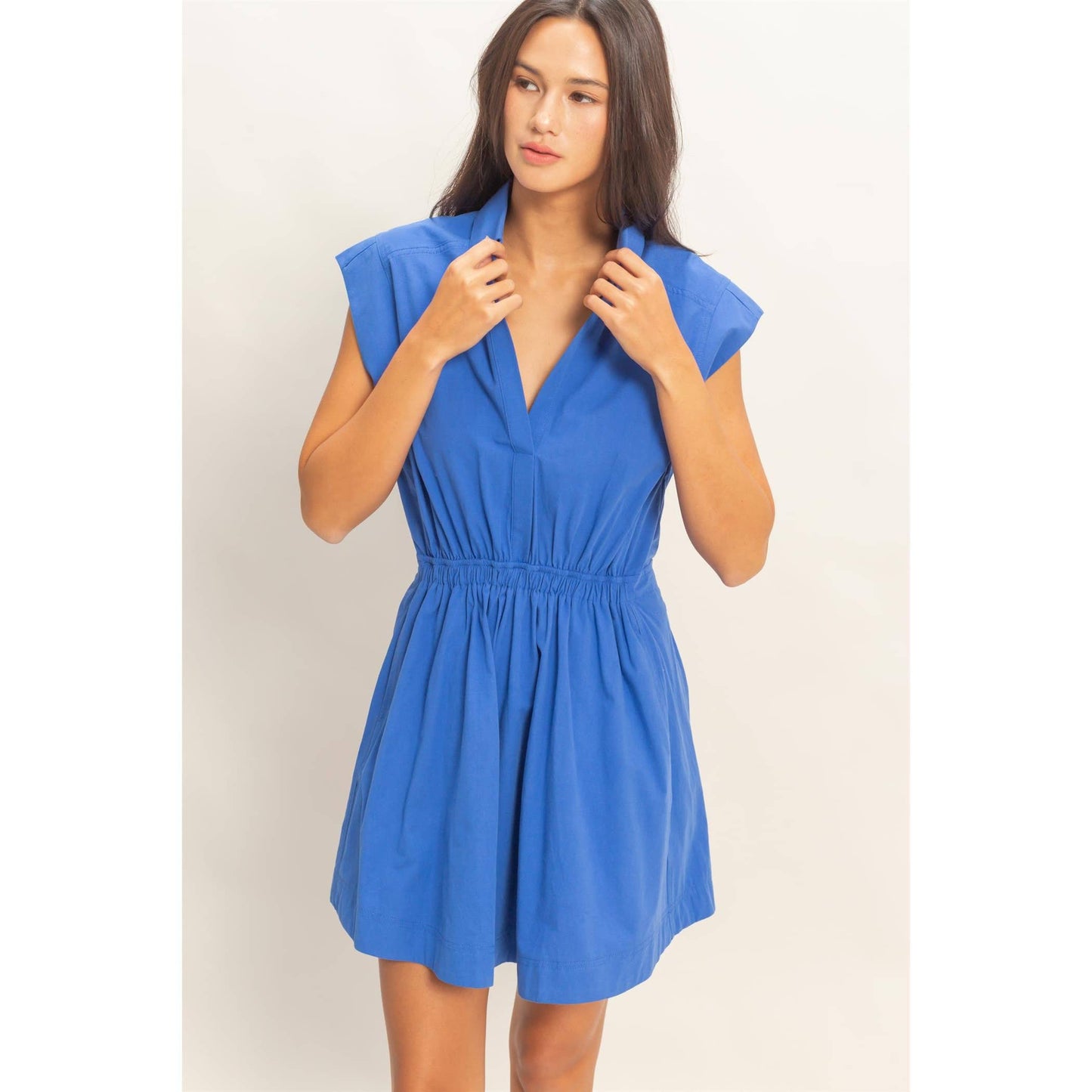 Sleeveless Collared Shirred Mini Dress