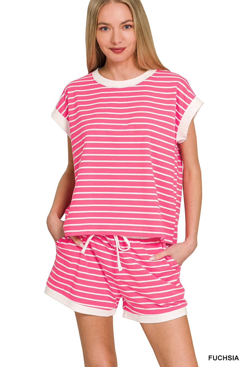 ...0223 Stripe Contrast Trim Top & Shorts Set SI-29132