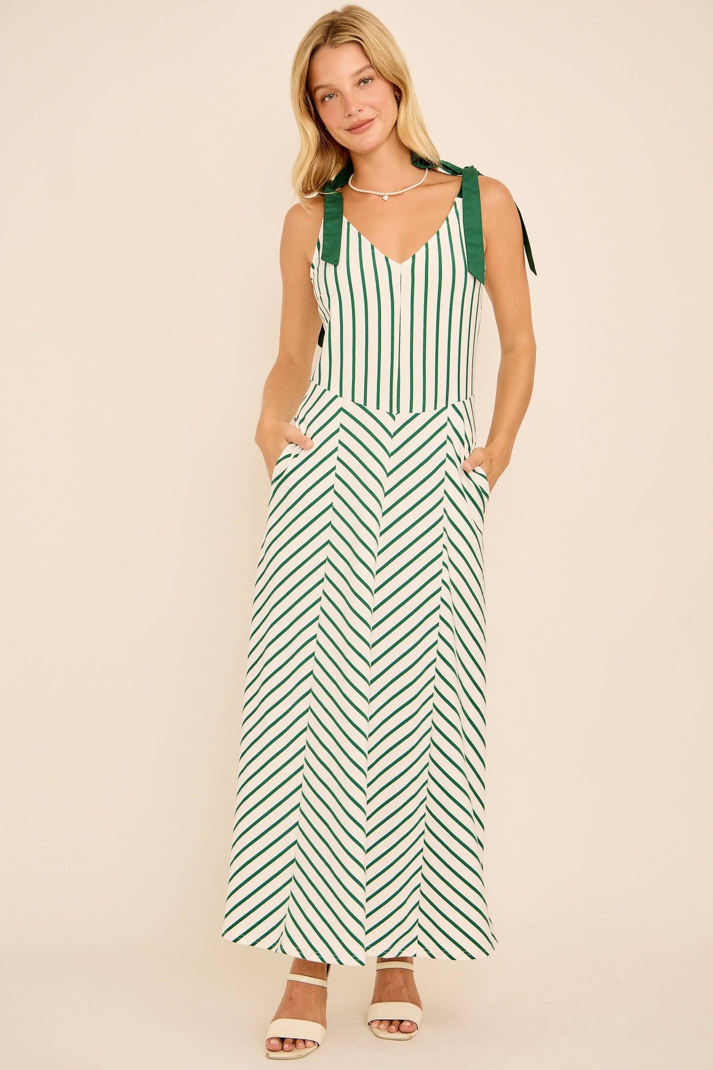 A-line long midi cotton knit dress with stripe