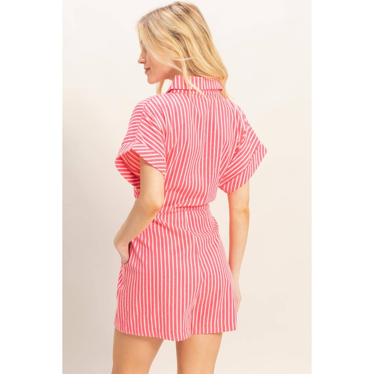 Collared Striped Romper With Sash