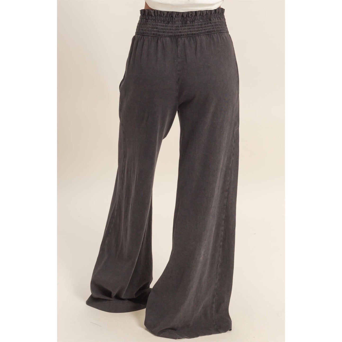 Mineral Washed Wide-Leg Smocked Waist Pants