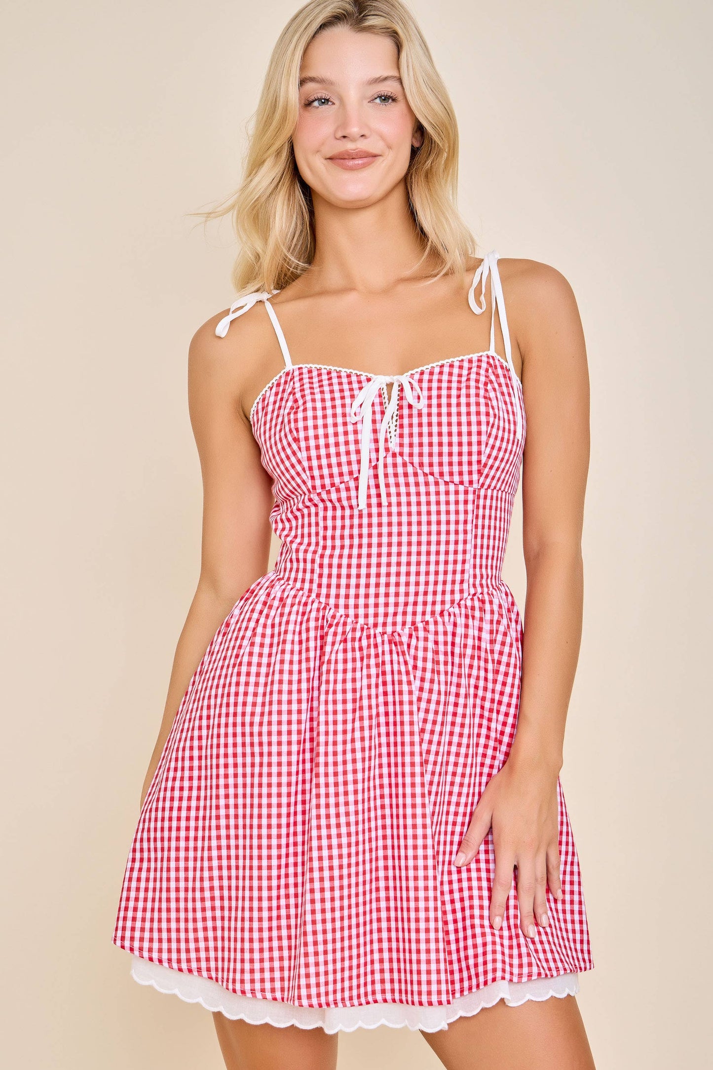 Gingham Corset Tie-Strap Flare mini dress