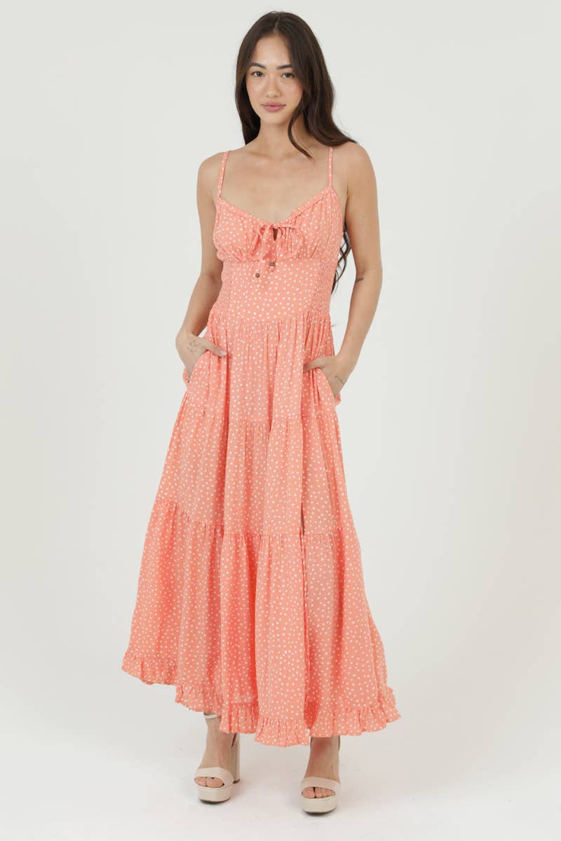 C4C84-FQ00 POLKA DOT SIDE SLIT MAXI DRESS