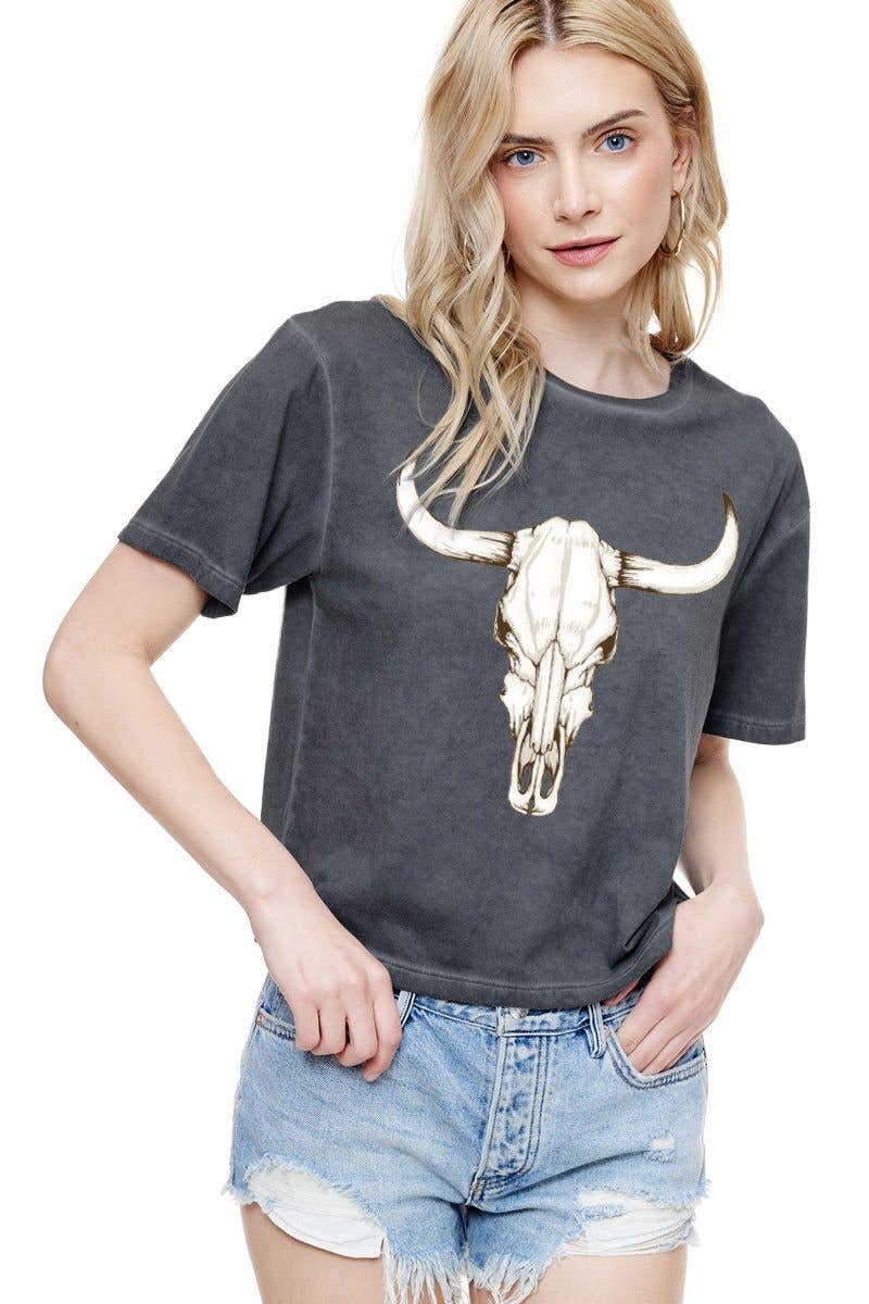 PUFF' Cow Skull Graphic S/S Lunar Dye Faux Crop