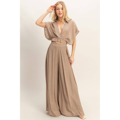 Collared Wrap Top & Wide-Leg Pants Set