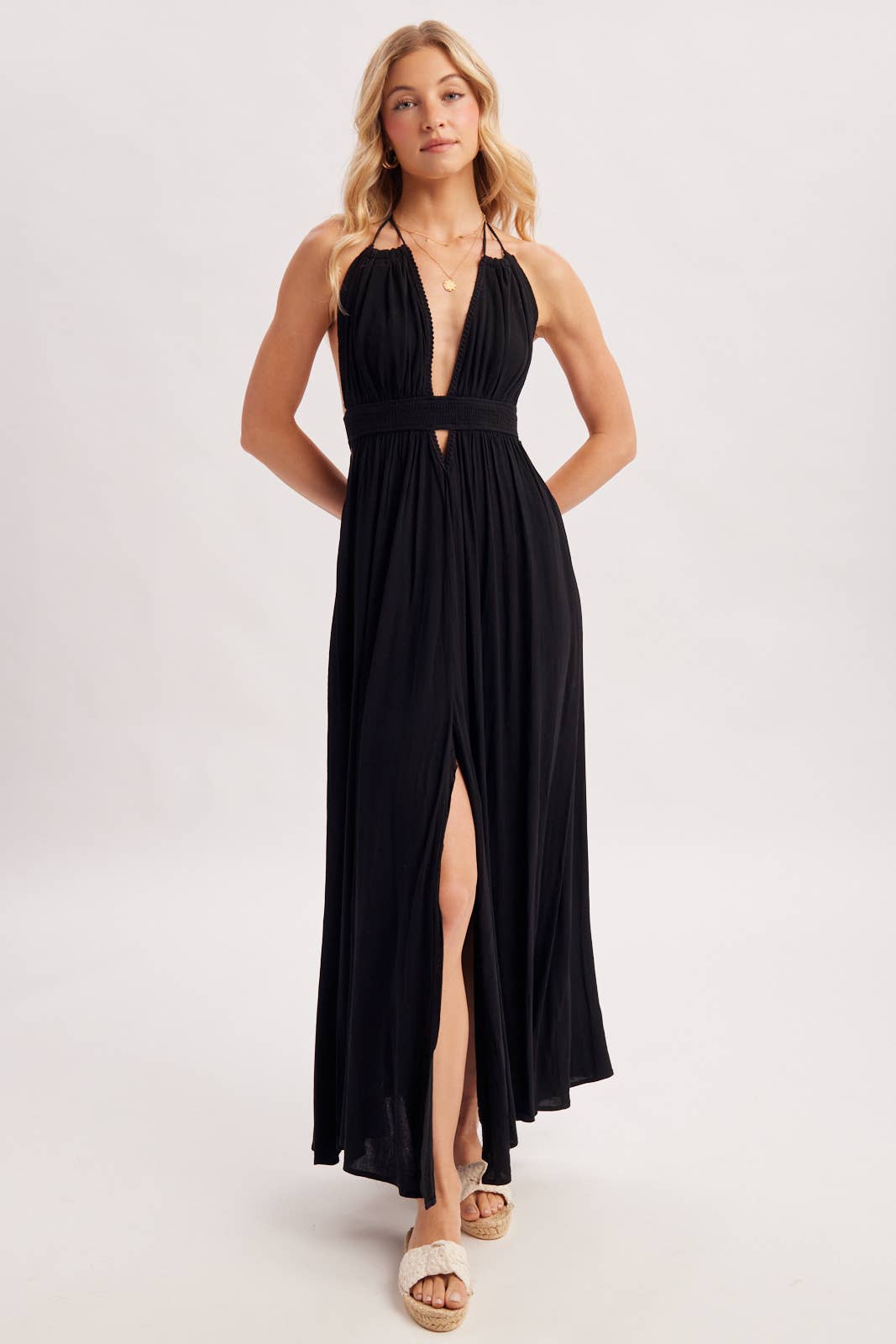 A CRINKLY CREPE DEEP V-NECK HALTER MAXI SUNDRESS