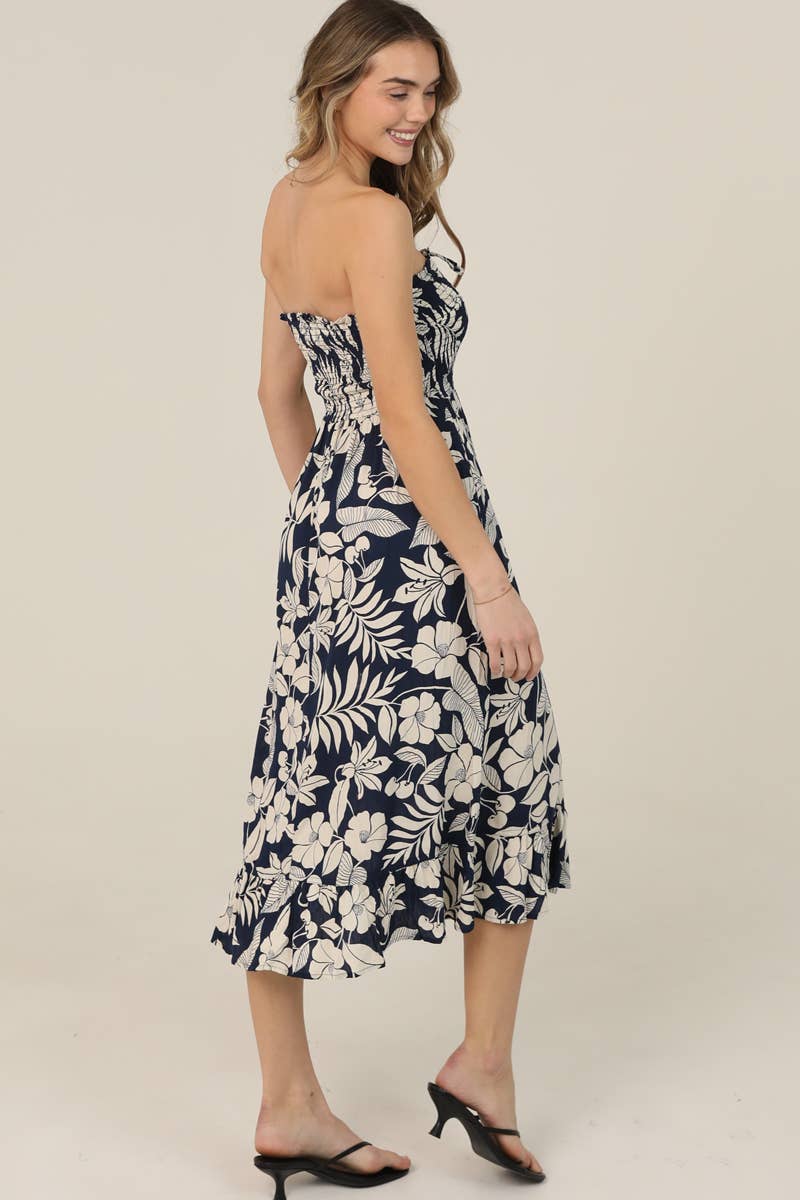C4F45-A920 SMOCKED BODICE STRAPLESS MIDI DRESS W POCKETS