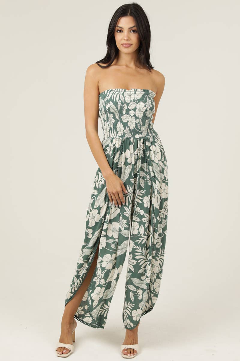B5959-A920 SMOCKED BODICE WRAP LEG JUMPSUIT