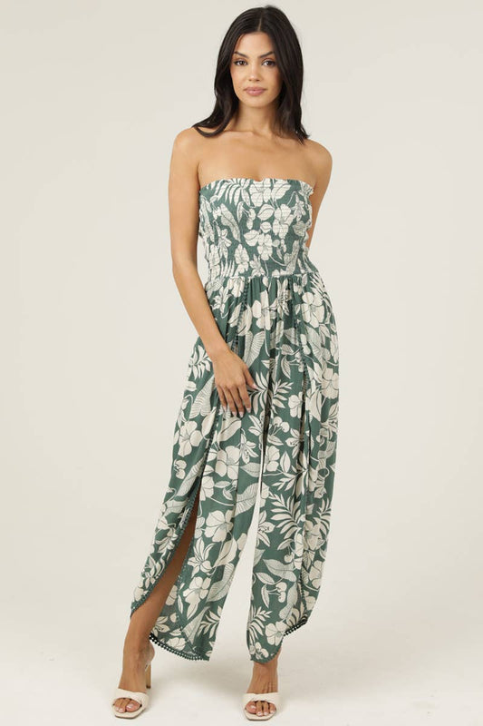 B5959-A920 SMOCKED BODICE WRAP LEG JUMPSUIT