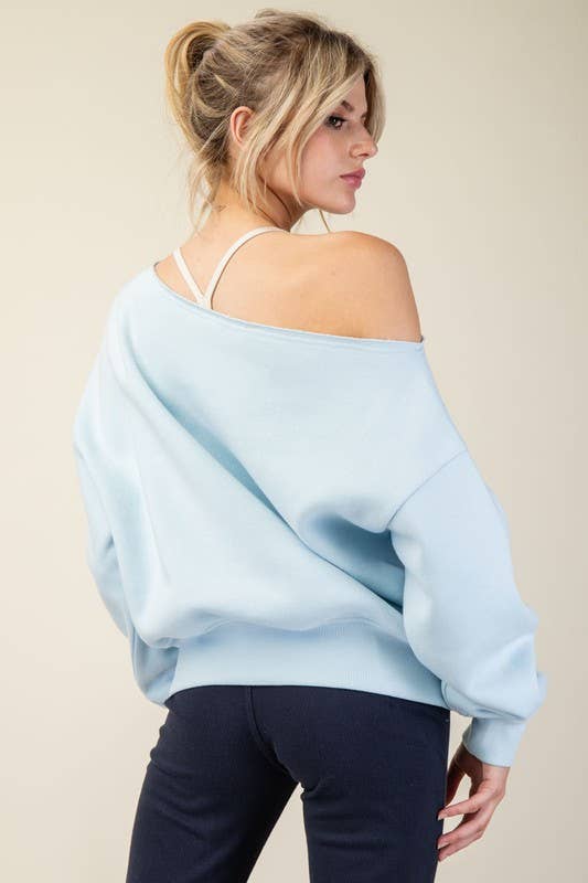 T689937 OFF SHOULDER FRENCH TERRY FLEECE TOP