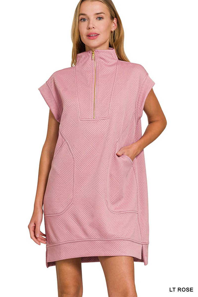 Textured Knit Jacquard Quarter Zipper Dress Zenana