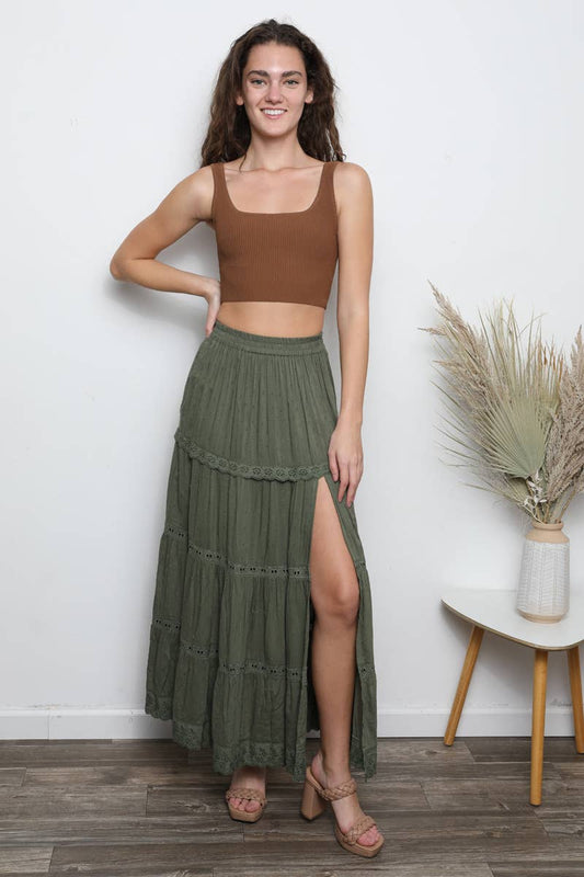 26P74-ASIS TIERED MAXI SKIRT WITH LACE TRIM AND SLIT