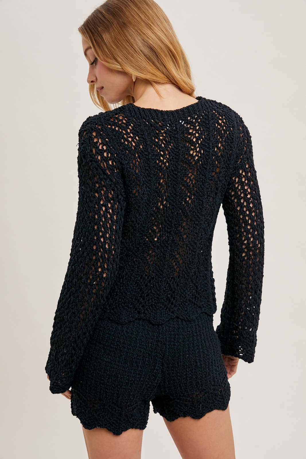 OPEN KNIT SWEATER PULLOVER & SHORTS SET