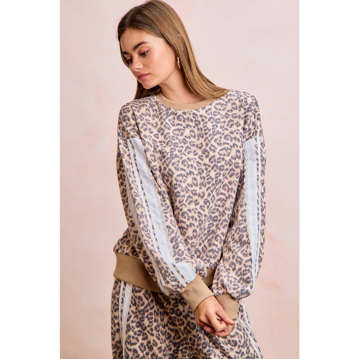 LEOPARD FRENCH TERRY LACE CONTRAST SWEATSHIRT TOP