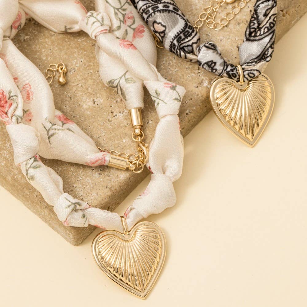 Textured Heart Pendant Knotted Bandana Necklace