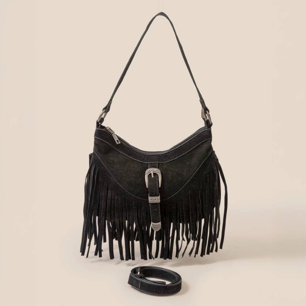 Faux Suede Cascade Fringe Shoulder Bag