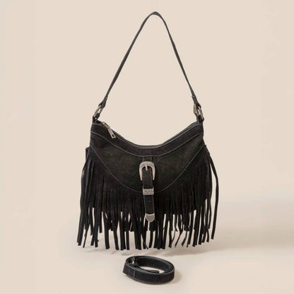 Faux Suede Cascade Fringe Shoulder Bag