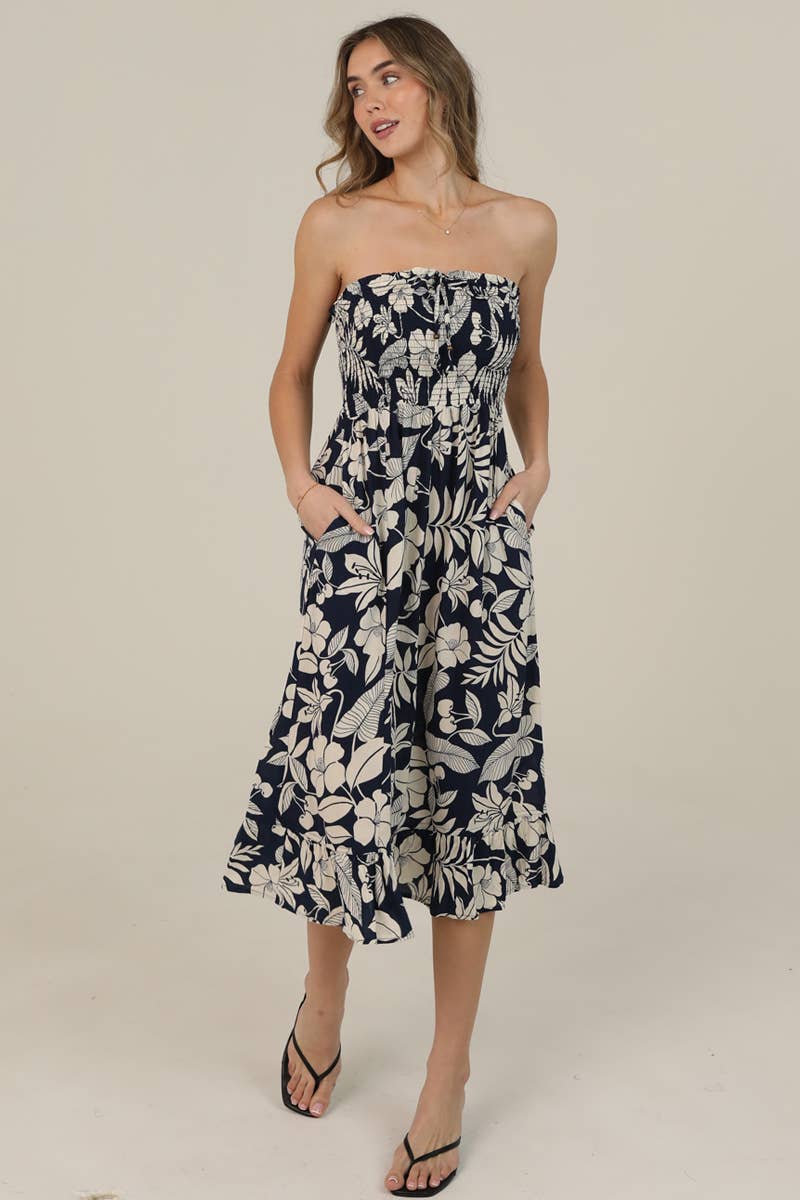 C4F45-A920 SMOCKED BODICE STRAPLESS MIDI DRESS W POCKETS